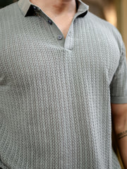 Classic Rib Knit Grey Polo Half Sleeve T-Shirt