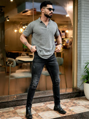 Classic Rib Knit Grey Polo Half Sleeve T-Shirt