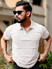 Pointel FlatKnit Cotton White Half Sleeve Polo T-Shirt