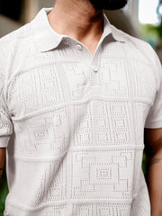 Pointel FlatKnit Cotton White Half Sleeve Polo T-Shirt