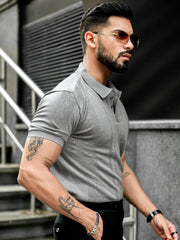 Flat Knit Grey Slim Polo Half Sleeve T-Shirt