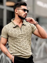Diamond Knit Beige Slim Half Sleeve Polo T-Shirt
