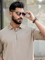 Stripe Textured Beige Half Sleeve Polo T-Shirt