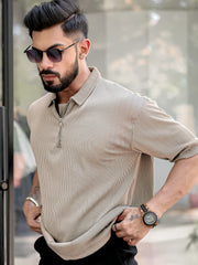 Stripe Textured Beige Half Sleeve Polo T-Shirt