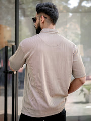 Stripe Textured Beige Half Sleeve Polo T-Shirt