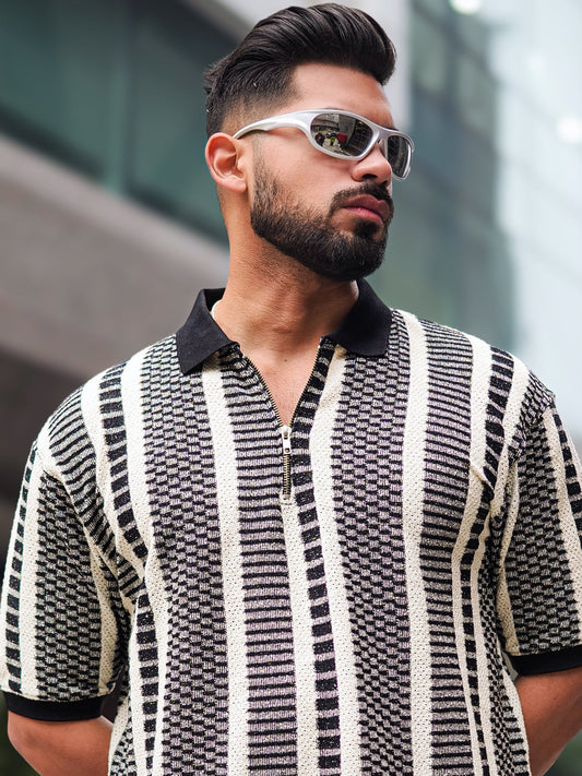 Crossweave Black Stripe Polo Half Sleeve T-Shirt