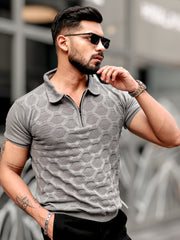 Diamond Knit Dark Grey Slim Half Sleeve Polo T-Shirt