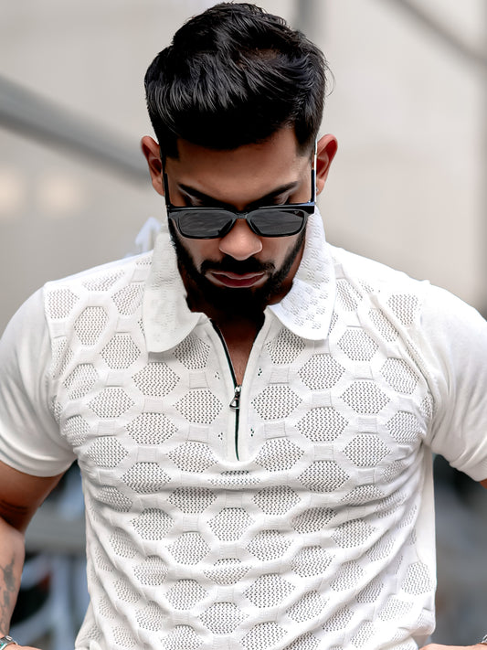 Diamond Knit White Slim Half Sleeve Polo T-Shirt