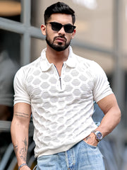 Diamond Knit White Slim Half Sleeve Polo T-Shirt