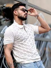 Diamond Knit White Slim Half Sleeve Polo T-Shirt