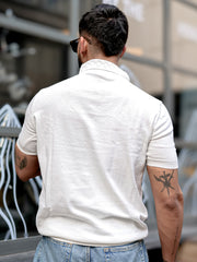 Diamond Knit White Slim Half Sleeve Polo T-Shirt