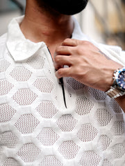Diamond Knit White Slim Half Sleeve Polo T-Shirt