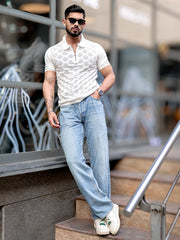 Diamond Knit White Slim Half Sleeve Polo T-Shirt