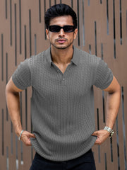 Ribbed Knit Grey Polo Half Sleeve T-Shirt