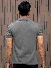 Ribbed Knit Grey Polo Half Sleeve T-Shirt