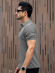 Ribbed Knit Grey Polo Half Sleeve T-Shirt