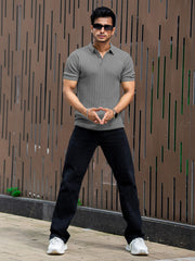 Ribbed Knit Grey Polo Half Sleeve T-Shirt
