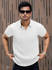 Ribbed Knit White Polo Half Sleeve T-Shirt