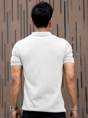 Ribbed Knit White Polo Half Sleeve T-Shirt