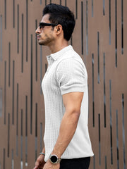 Ribbed Knit White Polo Half Sleeve T-Shirt
