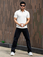 Ribbed Knit White Polo Half Sleeve T-Shirt