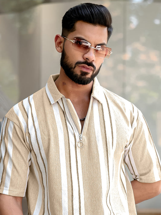 Stripe Beige Half Sleeve Polo T-Shirt