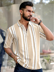 Stripe Beige Half Sleeve Polo T-Shirt