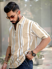 Stripe Beige Half Sleeve Polo T-Shirt