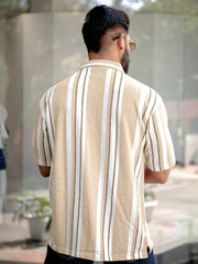 Stripe Beige Half Sleeve Polo T-Shirt