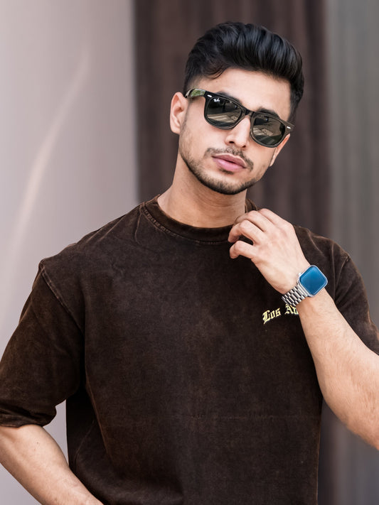 Losangles Acid Wash Black Half Sleeve T-Shirt