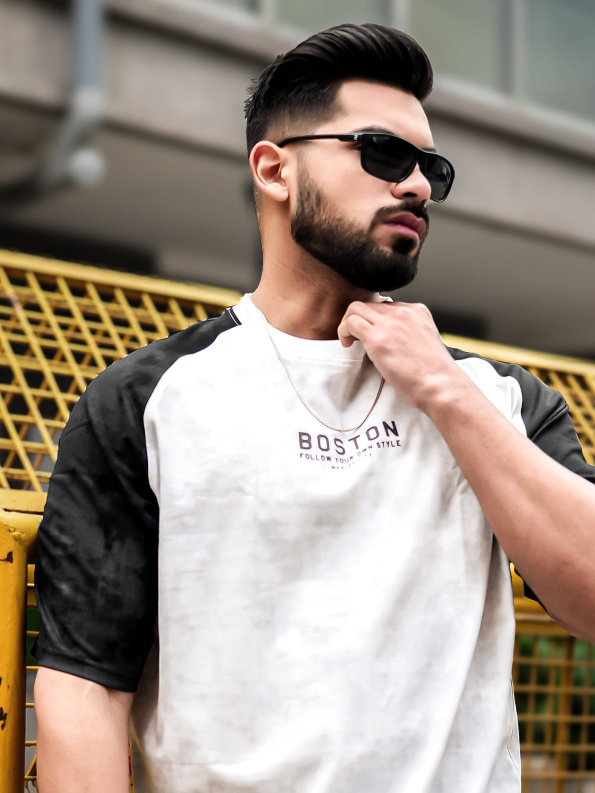 Black half sleeve boston acid wash t-shirt for men