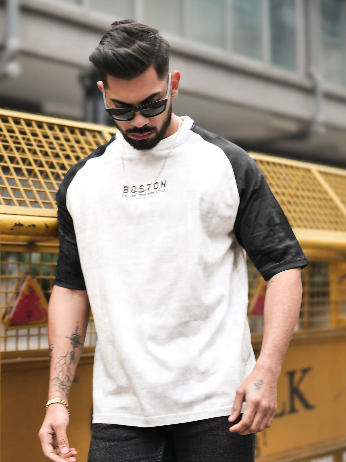 Black half sleeve boston acid wash t-shirt for men - view 2