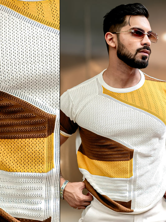 Sheernet FlatKnit Cotton Mustard Half Sleeve T-Shirt