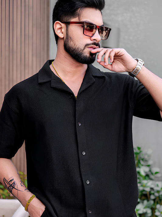 Cord Knit Textured Black Half Sleeve Shirt