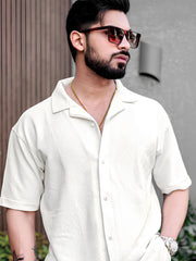 Cord Knit Textured Cream White Half Sleeve Shirt