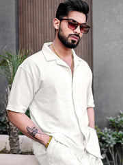 Cord Knit Textured Cream White Half Sleeve Shirt