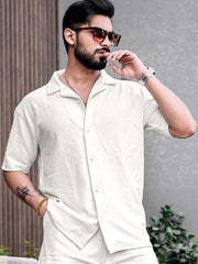 Cord Knit Textured Cream White Half Sleeve Shirt