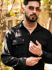 Cord Knit Textured Double Pocket Black Full Sleeve Shirt