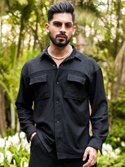 Cord Knit Textured Double Pocket Black Full Sleeve Shirt