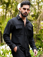 Cord Knit Textured Double Pocket Black Full Sleeve Shirt