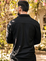 Cord Knit Textured Double Pocket Black Full Sleeve Shirt