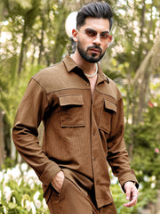 Cord Knit Textured Double Pocket Brown Full Sleeve Shirt