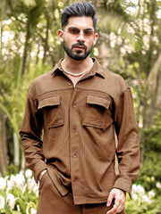 Cord Knit Textured Double Pocket Brown Full Sleeve Shirt