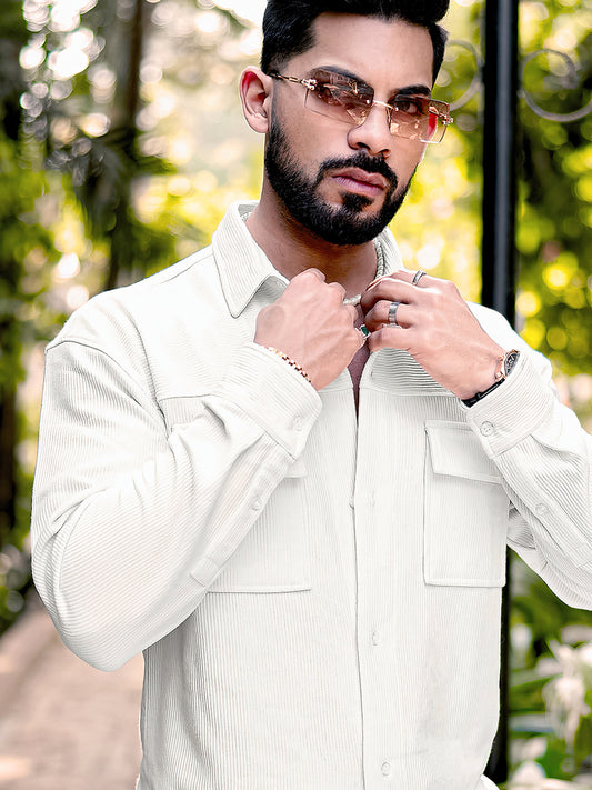 Cord Knit Textured Double Pocket Cream White Full Sleeve Shirt