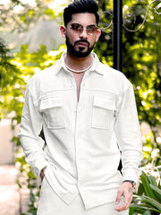 Cord Knit Textured Double Pocket Cream White Full Sleeve Shirt