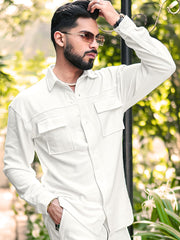 Cord Knit Textured Double Pocket Cream White Full Sleeve Shirt