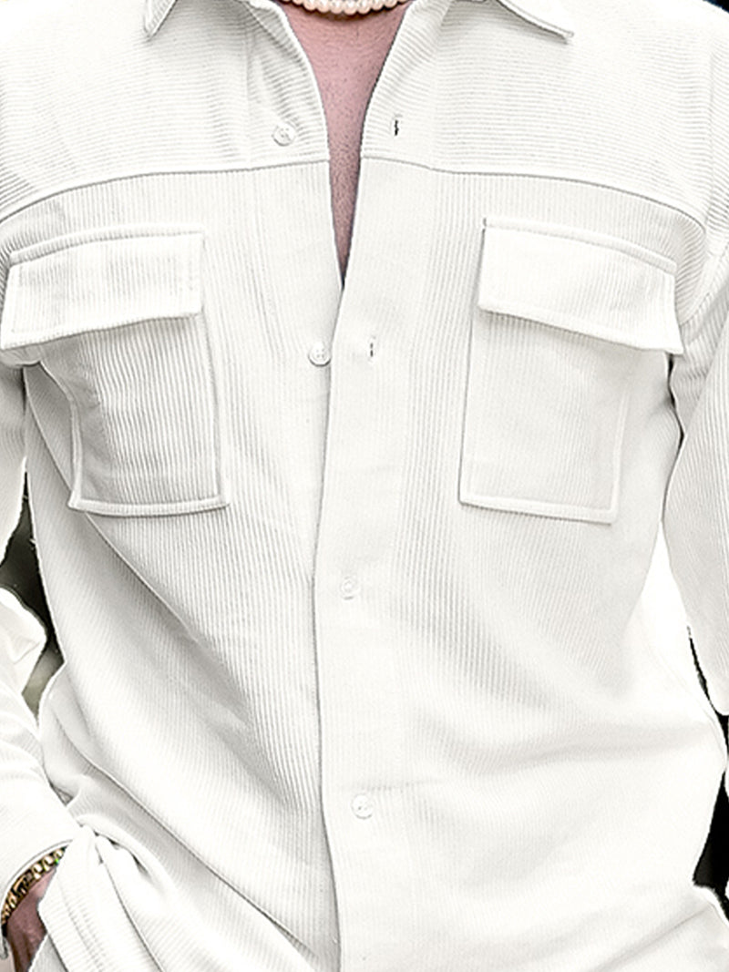 Cord Knit Textured Double Pocket Cream White Shirt
