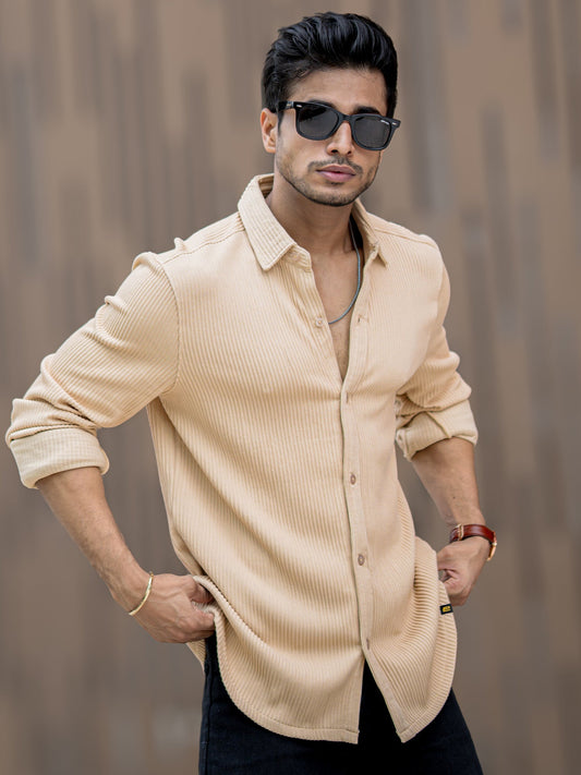 Cord Vertical Textured Beige Full Sleeve Shirt
