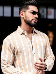Terry Vertical Stripes Beige Full Sleeve Shirt