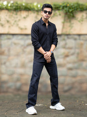 Cord Vertical Textured Black Full Sleeve Shirt